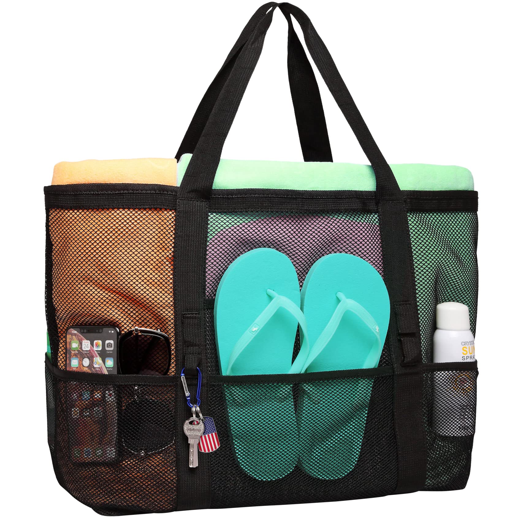 Photo 1 of F-color Mesh Beach Bag Family - Large Tote Bag 9 Pockets for Swim Pool Toys Cruise Beach Vacation Essentials, Black