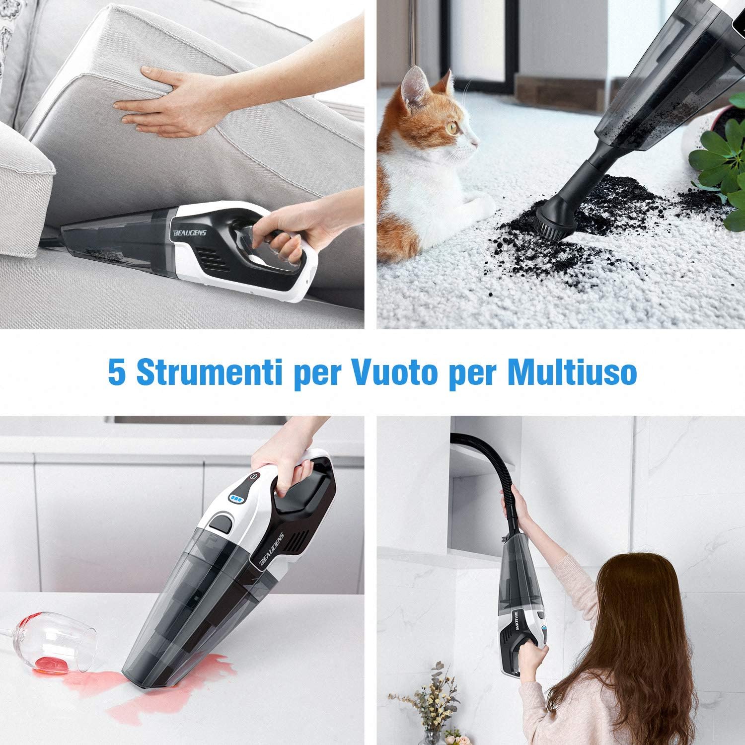 per casa e auto 100 W Aspirapolvere a mano senza fili con 5 strumenti e 2