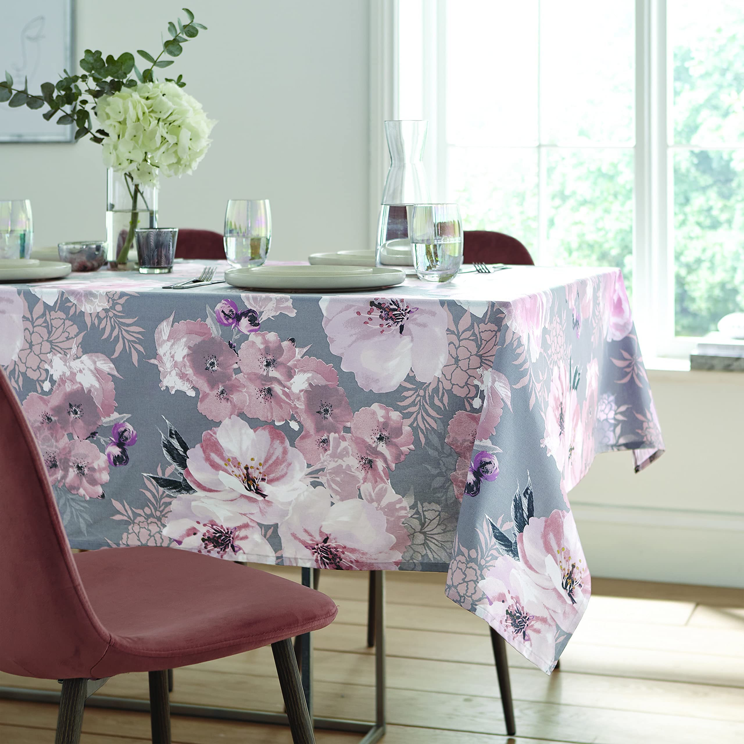 Catherine Lansfield Dramatic Floral137x229cm Wipe Clean Cotton Table Cloth Grey