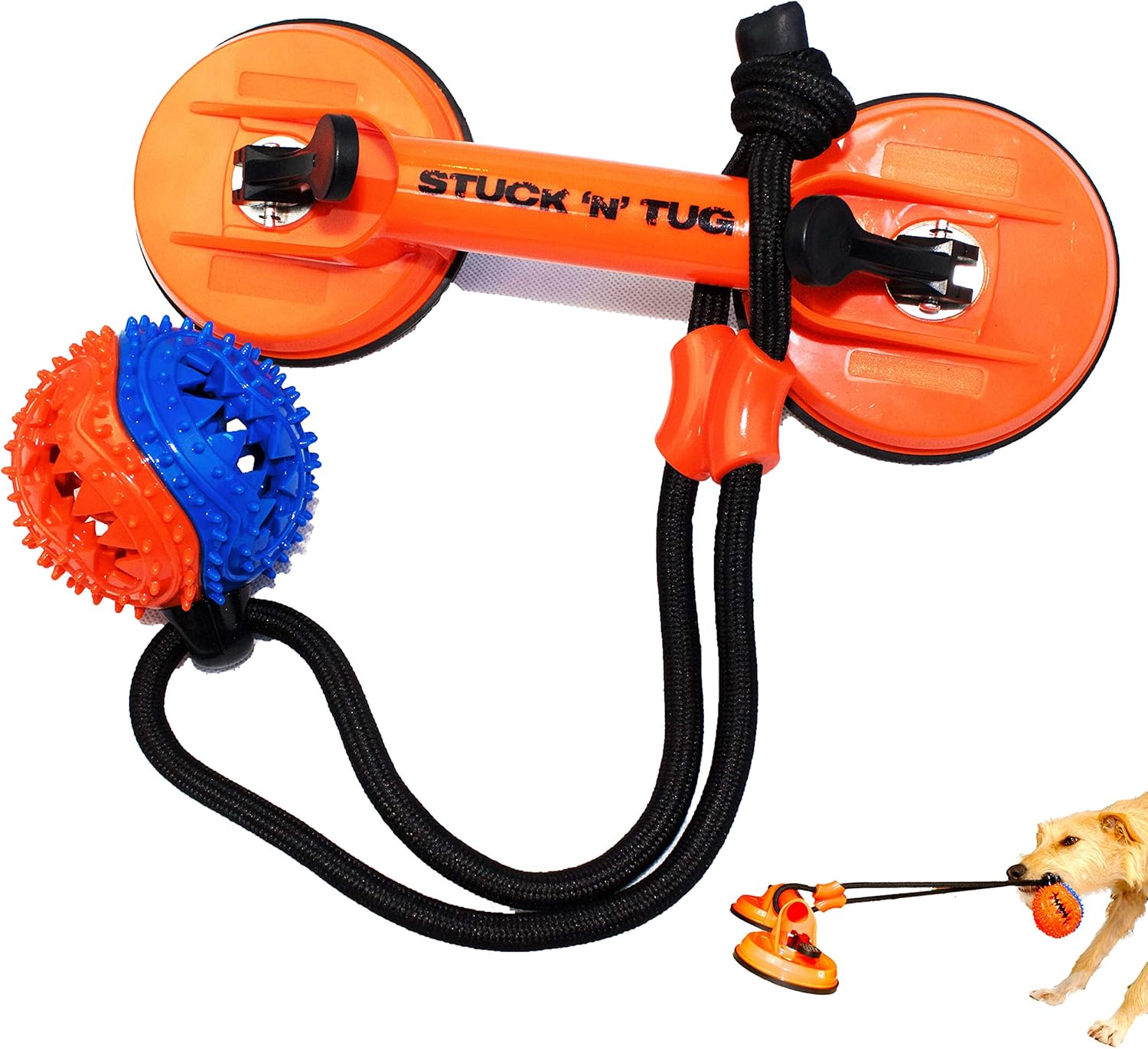 STUCK ‘N’ TUG Suction Cup Dog Toy | 2021 UPGRADE Dog Rope Toy with Floor Suction Grip | Treat Dispensing Teeth Cleaning Ball | Interactive Dog Toys | Dog Puzzle Toys | Tug of War Dog Toy | Dog Tug Toy