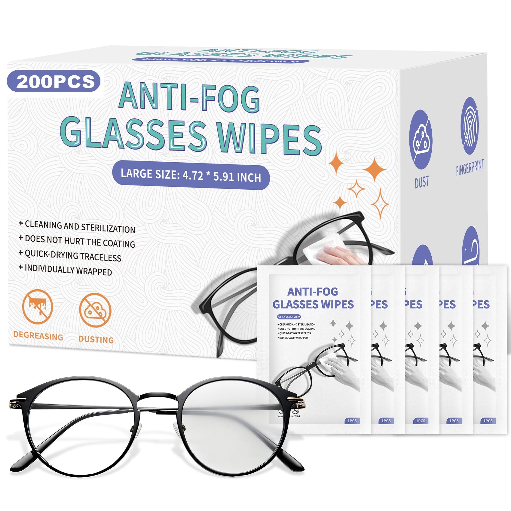 Photo 1 of [200 Pack] Anti Fog Wipes for Glasses, Large Glasses Cleaner, Lens Wipes for Eyeglasses, Pre-Moistened Individually Wrapped Cleaning Wipes, Eyeglasses Cleaner Wipes for Camera Phone (4.72 * 5.91 inch)