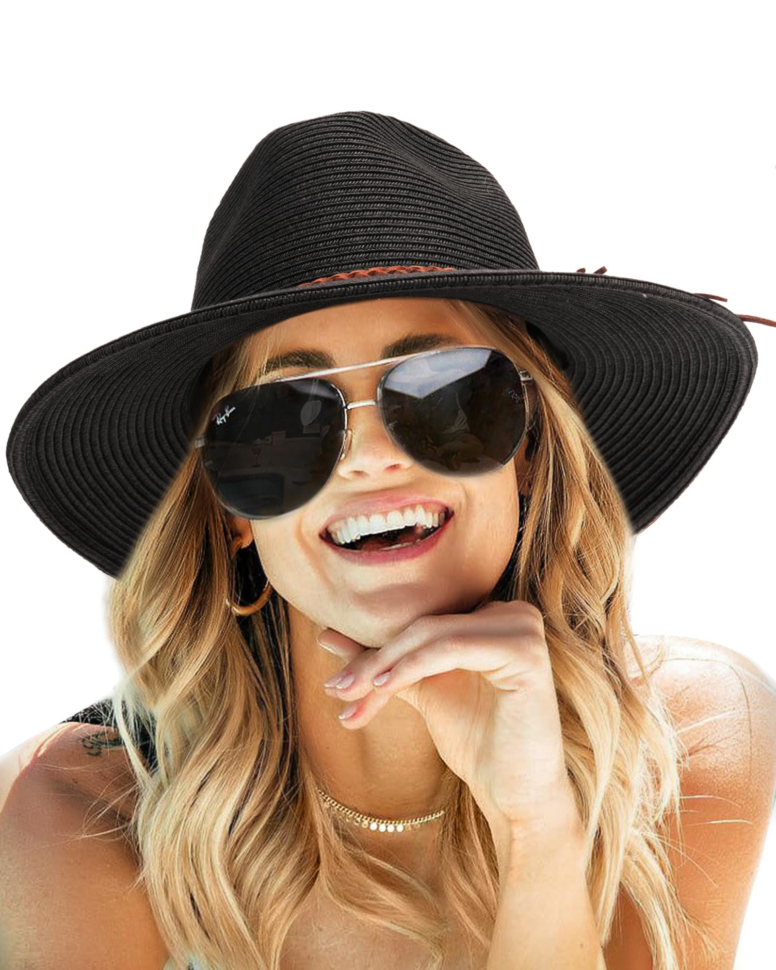 Photo 1 of FURTALK Sun Hats for Women Summer Wide Brim UV UPF 80+ Panama Fedora Foldable Packable Straw Beach Hat Black