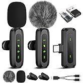 Jubolion Wireless Lavalier Microphone for iPhone, iPad & Android, 2-Pack Mini Mics with LED Display, Noise Reduction, Plug-an