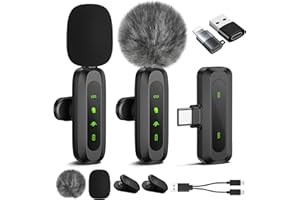 Jubolion Wireless Lavalier Microphone for iPhone, iPad & Android, 2-Pack Mini Mics with LED Display, Noise Reduction, Plug-an