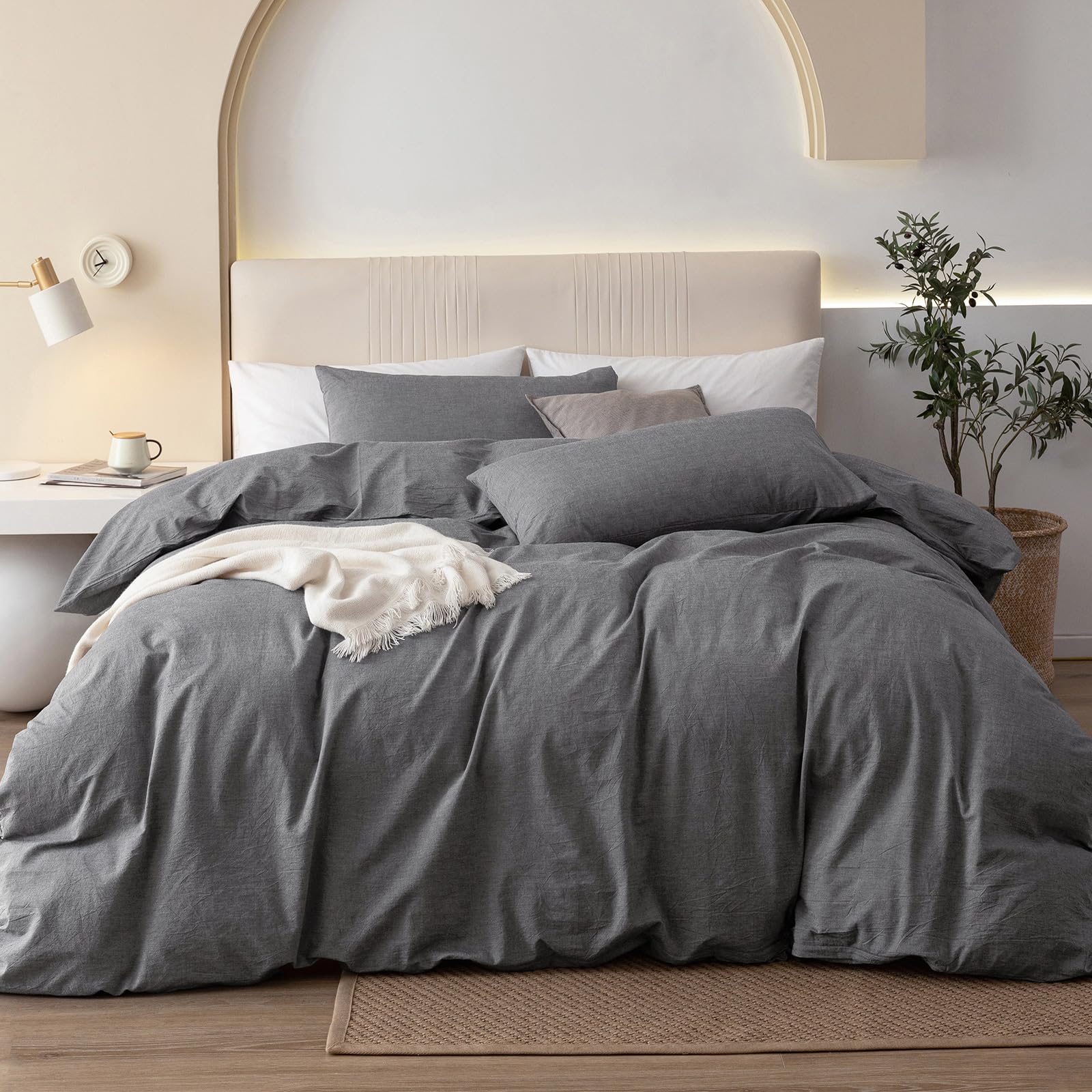 Photo 1 of JIYUAN 100% Washed Cotton Duvet Cover Set 3 PCS Oversized King, 1 Duvet Cover 120"x98" (Comforter Not Included) and 2 Pillowcases,Linen Feel Bedding Set Comfy and Breathable, Heathered Dark Grey