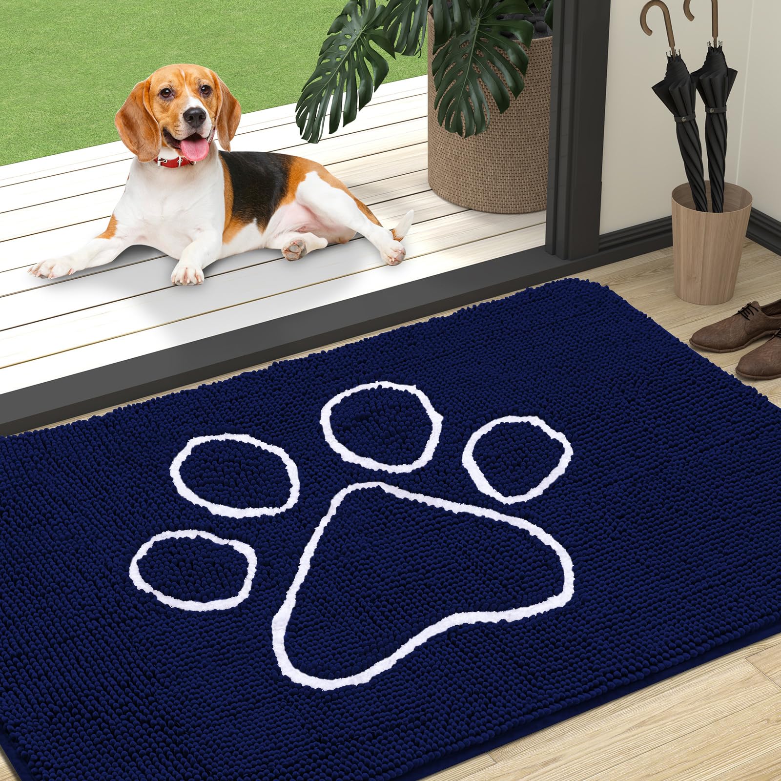 OLANLY Dog Door Mat for Muddy Paws 47x32, Paw Print Design, Absorbs Moisture and Dirt, Absorbent Non-Slip Washable Doormat, Quick Dry Chenille Mud Mat for Dogs, Entry Indoor Entryway Carpet, Navy Blue Image