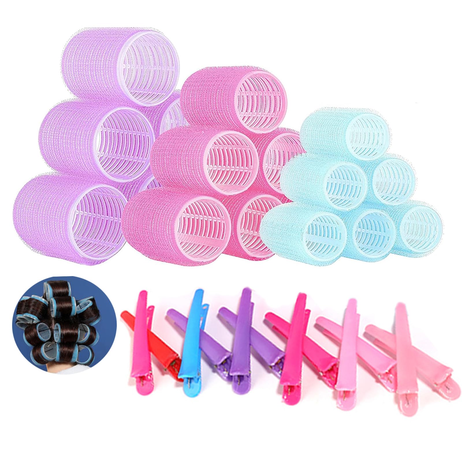 ieron 30 Pcs Hair Hook and Loop Rollers with Clips, No Heat Hair Curlers 18pcs Hair Rollers 12Pcs Clips (60mm,48mm,36mm) for Long, Short Hair