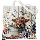 Veqzc Western Highland Cow Canvas Tote Bag - Highland Cow Lover Gifts,Canvas Shoulder Bag for Women for Girls