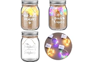 FUNNYMOOM 3 Pcs Beach Sand Jar Mason Seashell Bottles 380 ml with 4 Light Strings Rope Glass Sand Mason Jars Decorative Bottles with Lid Beach Keepsake for Housewarming Wedding Honeymoon Ocean Supplies