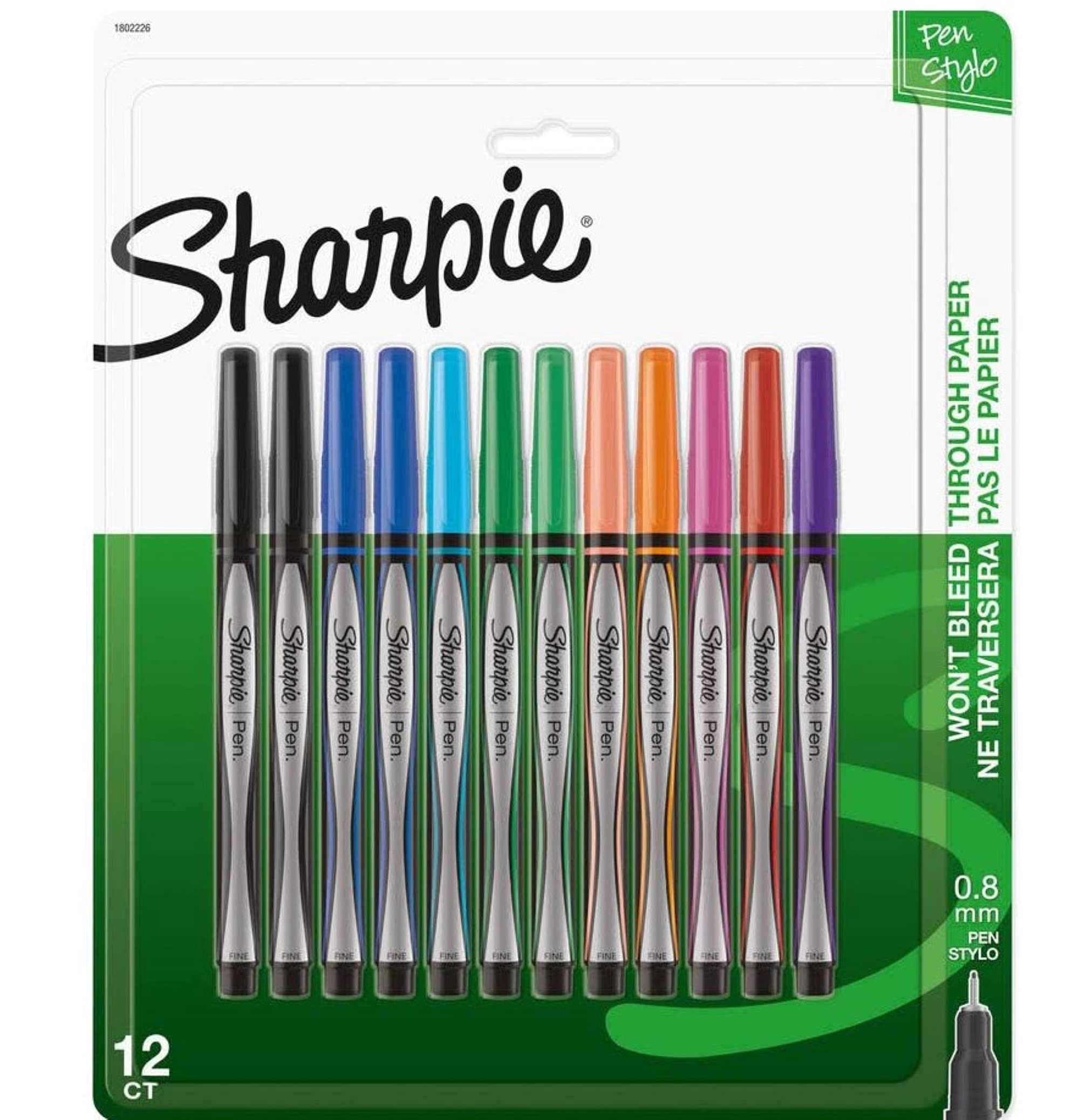 Photo 1 of Sharpie Pens, Fine Point, 0.8 Mm, Black Barrels, Assorted Ink Colors, Pack of 12, AP Certified Nontoxic, Quick Drying Ink