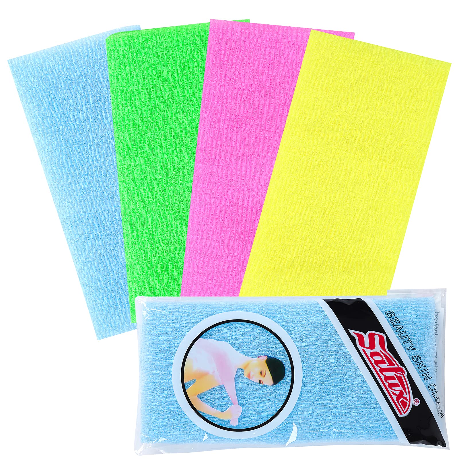 Gukasxi 4-Piece Exfoliating Washcloth Set, 11x35.5 inches Dual-Sided Nylon Bath Towel Beauty Skin Magic Shower Scrubber