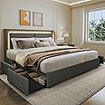 LIMGLIM Queen Size Bed Frame with Storage, LED Queen Bed Frame and Wingback Headboard, Upholstered Platform Bed Frame with Drawers, No Box Spring Needed, No-Noise, Easy Assembly, Grey