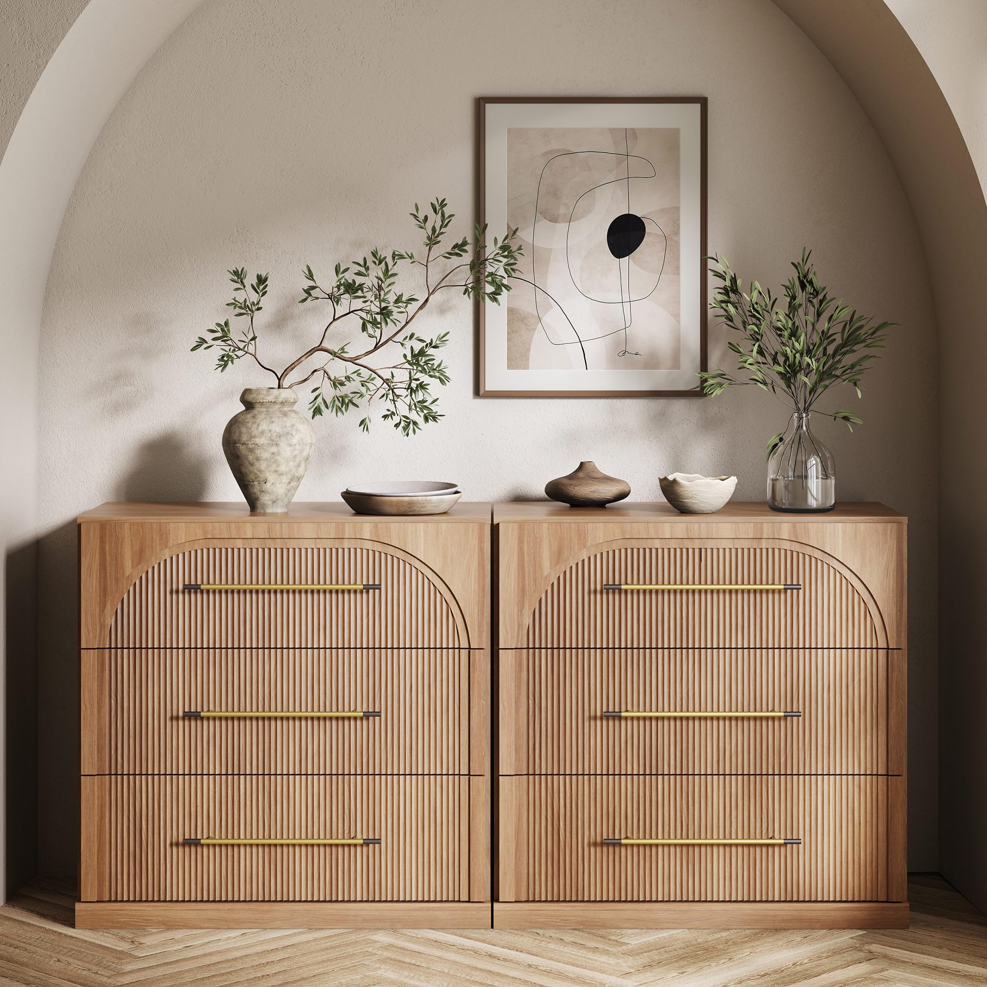 BELLEZE Set of 2 Fluted Modular Sideboard Cabinet, Classic Modern Buffet Cabinet with 3 Drawers, Accent Credenza Storage Cabinet for Dining Room Living Room Entryway (Camel)