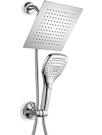 DreamSpa Ultra-Luxury 9" Rainfall Shower Head/Handheld Combo. Convenient Push-Button Flow Control Button for easy one-handed operation. Switch flow settings with the same hand! Premium Chrome