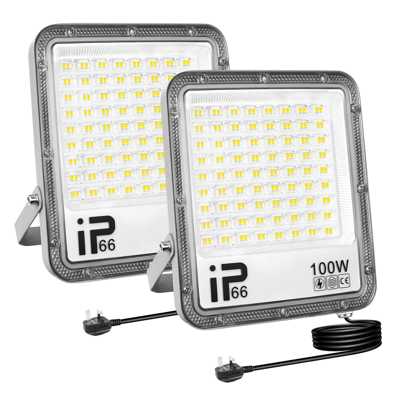 RIGIDON 2Pcs 100W LED Flood Light Outdoor with 1M Plug, 10000LM Super Bright Outdoor Lights 6000K Daylight White IP66 Waterproof Security Lights for Garden, Garage, Yard, Sports Ground, Patio, Porch