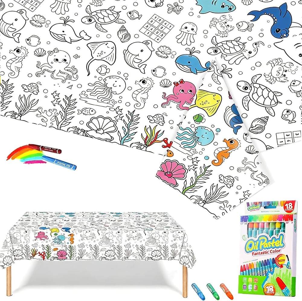 COSORO Ocean World Giant Colouring Table Cloth 47x71in with 18 Paint Pens