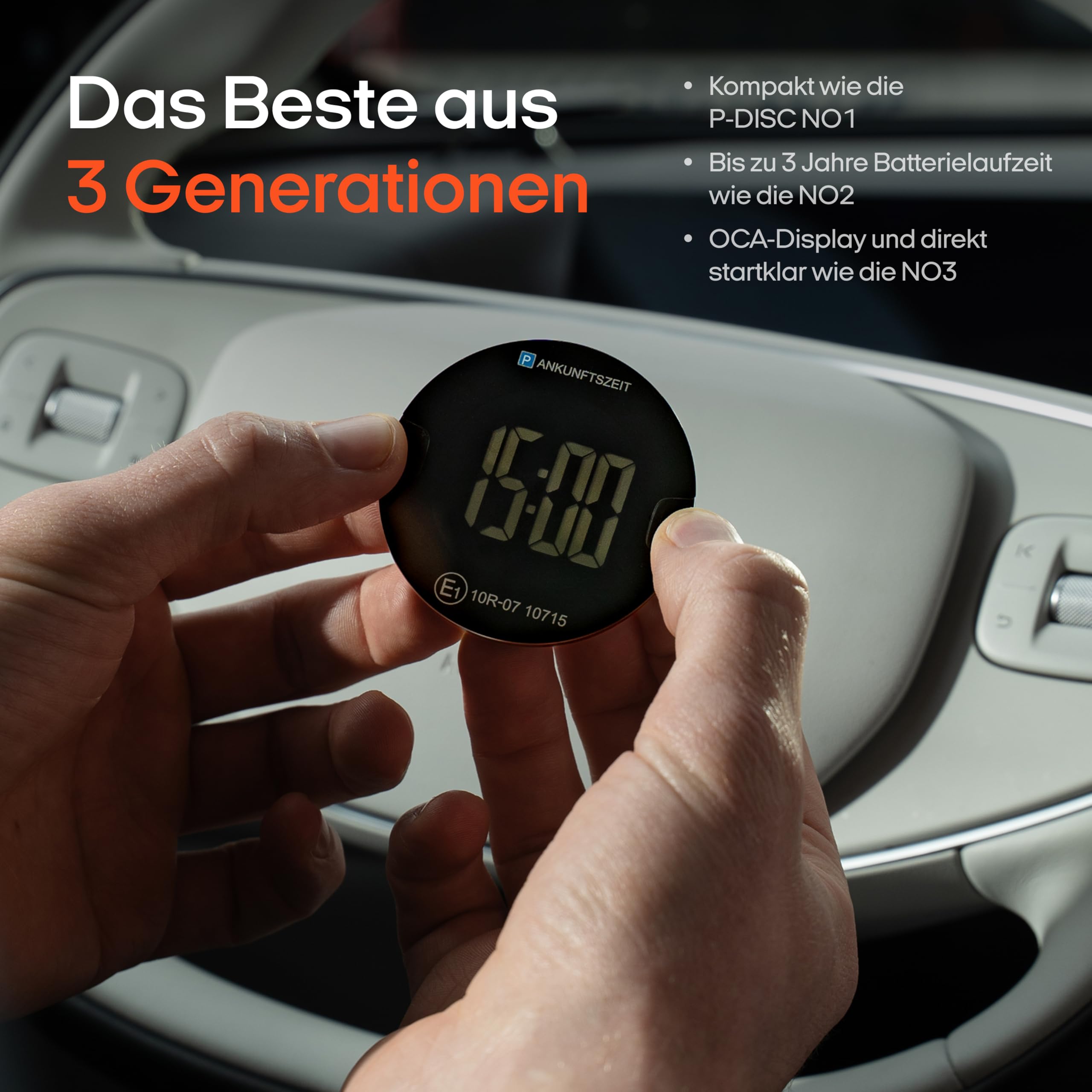 OOONO P-DISC NO4 – Elektronische Parkscheibe im kompakten Design mit automatischer Zeiteinstellung, Hochkontrast-Display & bis zu 3 Jahren Batterielaufzeit (Schwarz) 3