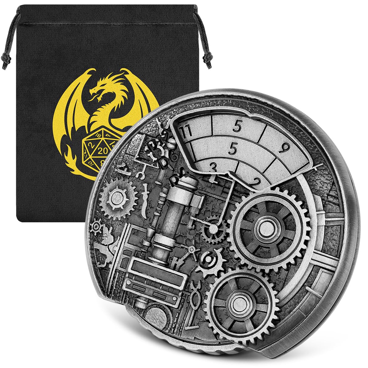 7-in-1 Dungeon Gear Fingertip Gyro, DND Wheel Dice Spiner, DND Starter Set, 7-in-1 Metal Dice Set, D&D Gifts with Dragon Logo Gift Bag, Tabletop Games, Role Playing Board Game Accessories, Silver ﻿