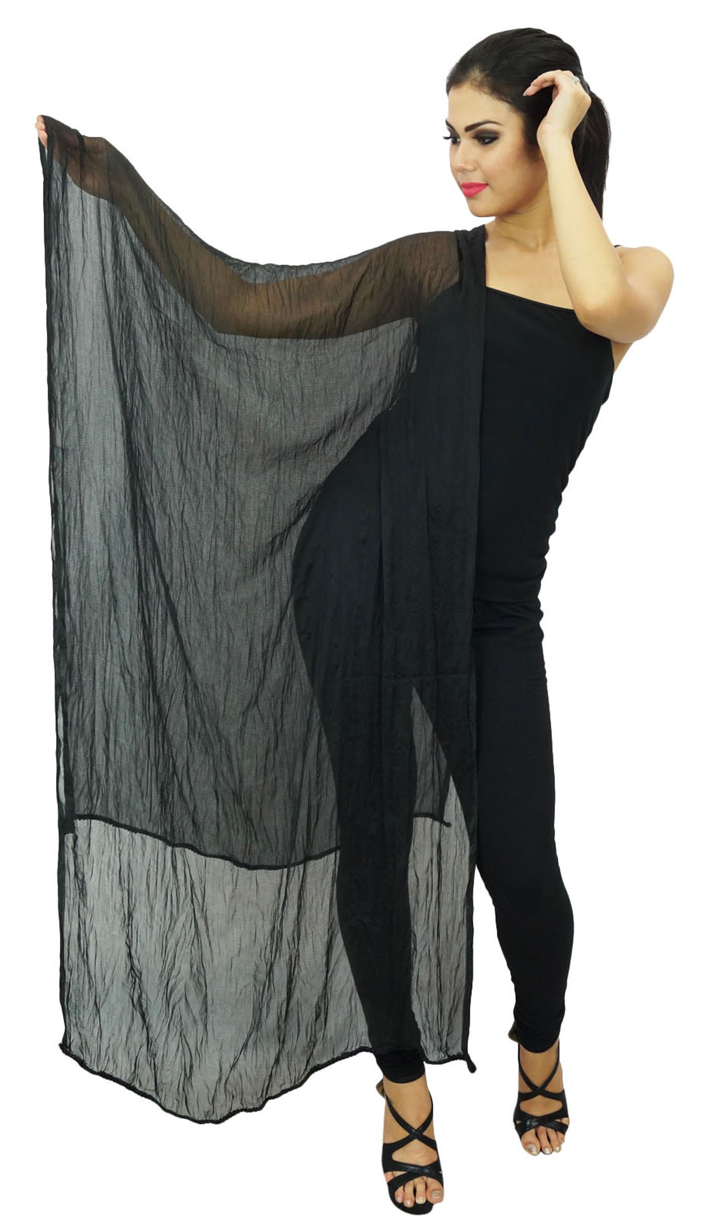 Indian Chiffon Blend Scarves Women Neck Wrap Chunni Long Dupatta Beach Scarf, One size, Black