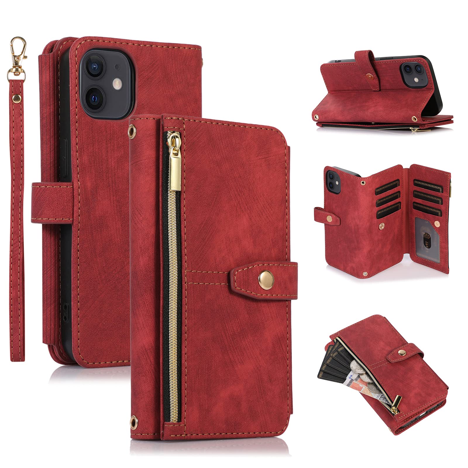 UEEBAI Case for iPhone 11 6.1 inch, 9 Card Slots Retro Leather Wallet Shockproof Flip Cover with Hand Strap Card Slots Zipper Pocket Kickstand Handbag Magnetic Closure - Vintage Red