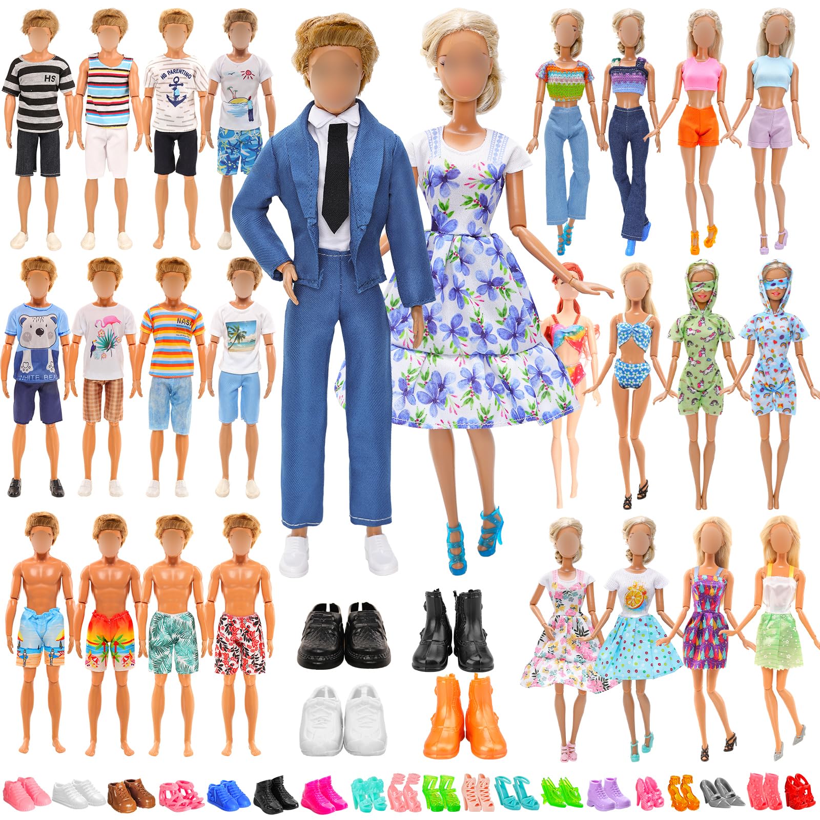 Miunana Lot 37 pcs Random Doll Clothes Shoes Set for 11.5 inch Doll, Includ 5 PCS Boy Doll Clothes + 10 Girl Clothes + 5 Girl Fashion Skirts + 2 Pairs for Boy Shoes + 15 Pairs of Girl Doll Shoes