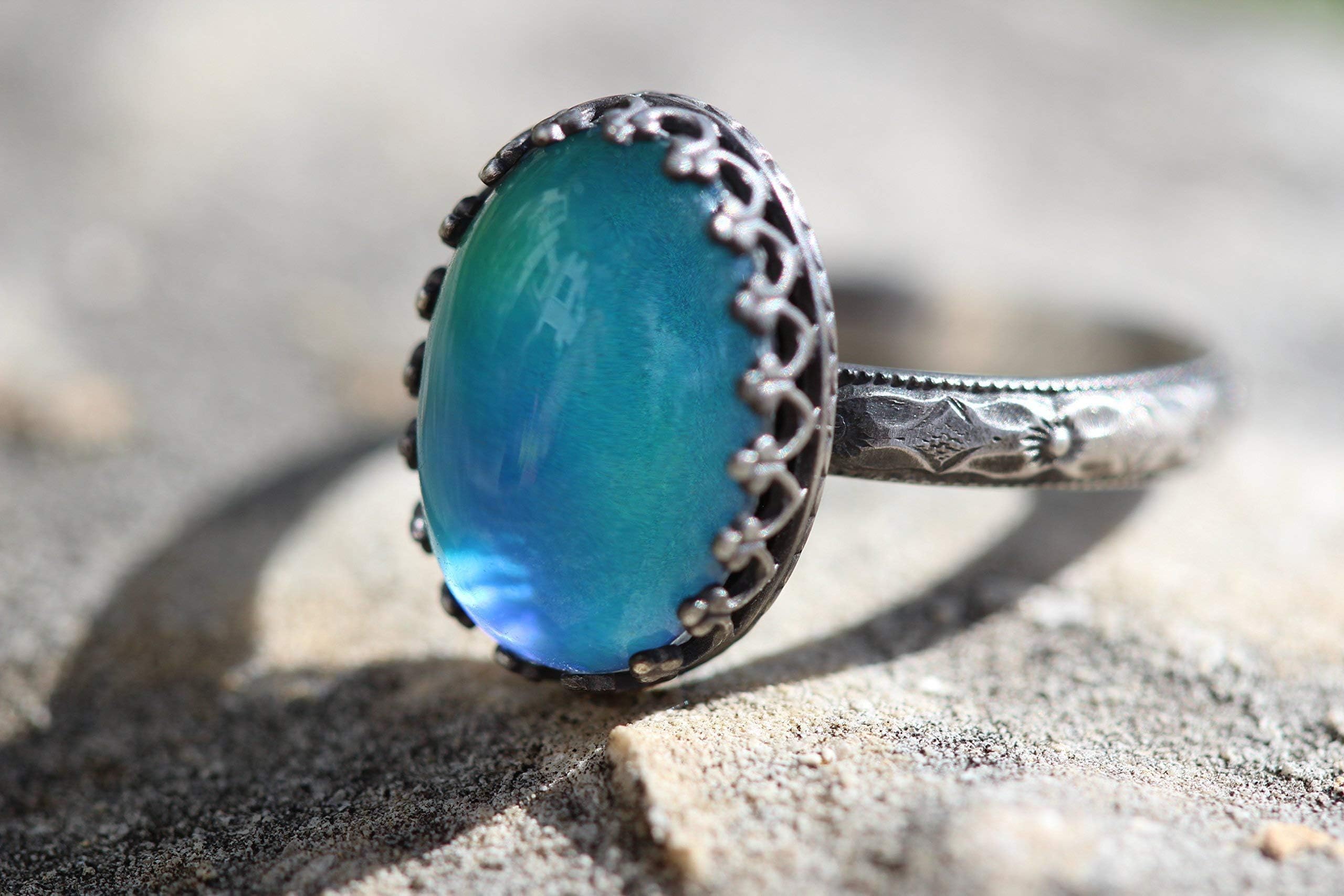 Mood Ring FLORAL OVAL in Solid Sterling Silver plus Glass Mood Cab Floral Band Cocktail 14x10mm Ring