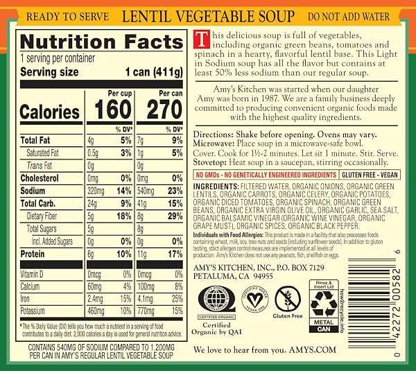 AMY’S SOUP, VEGAN LIGHT IN SODIUM LENTIL VEGETABLE SOUP, GLUTEN FREE, MADE WITH ORGANIC VEGETABLES, CANNED SOUP, 14.5 OZ (6 PACK)