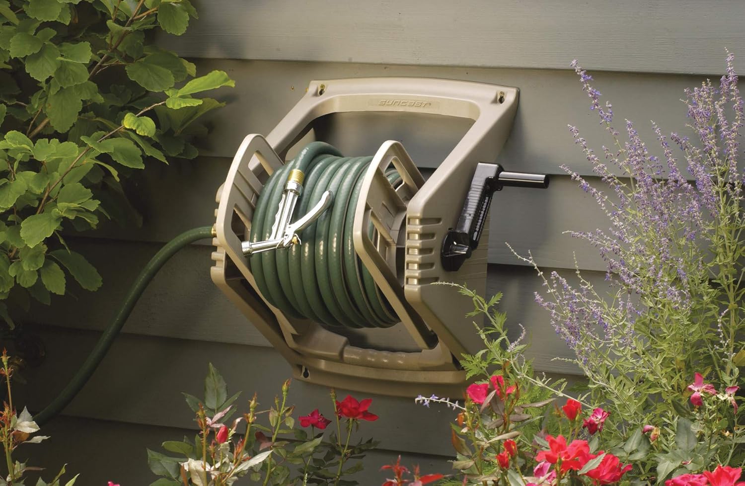 Suncast Resin Outdoor Garden Tote or Wall Mount Hose Reel - Durable Hose Storage Reel with Crank Handle and Lid - 100' Hose Capacity - Taupe : Suncast Hose Reel : Garden & Outdoor