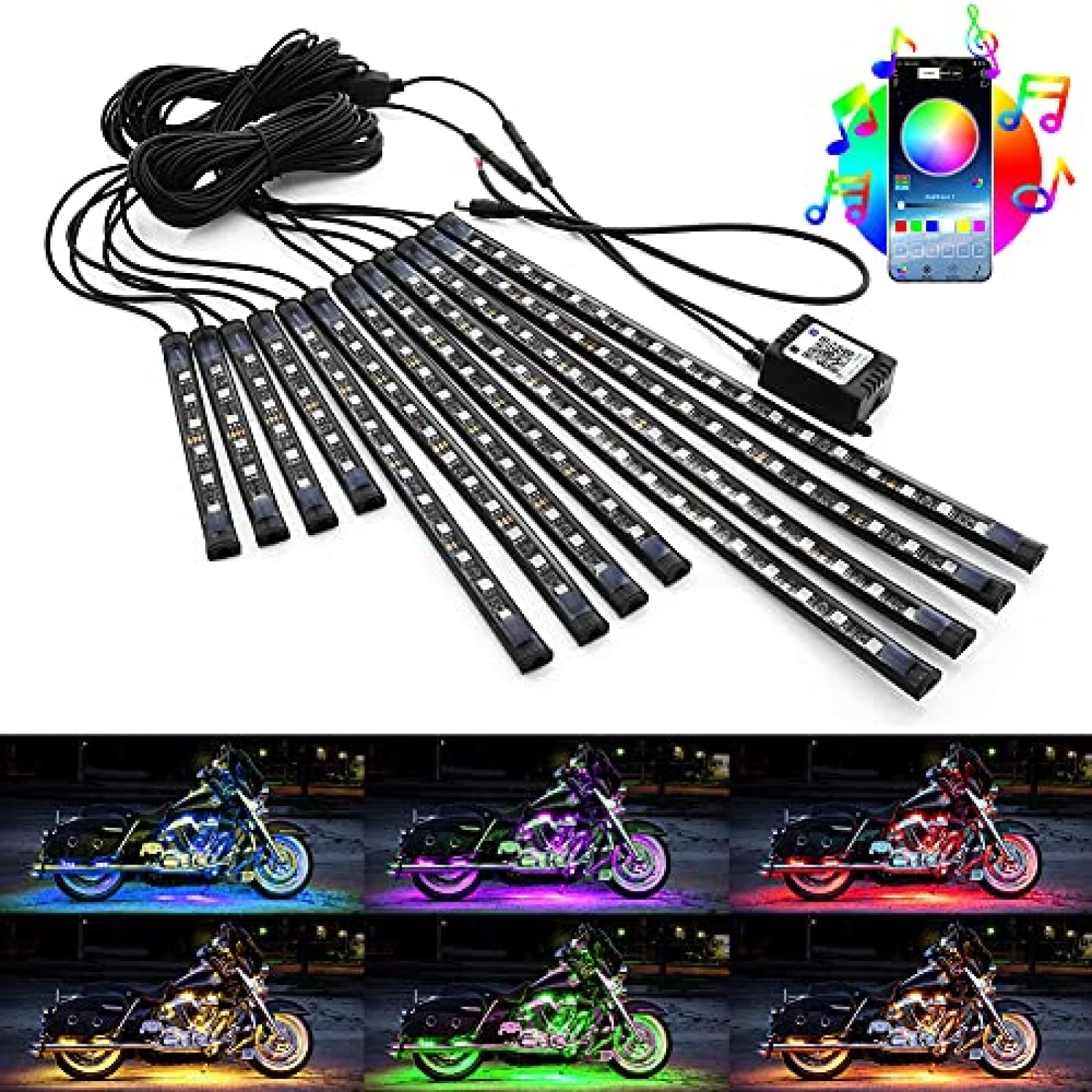 Photo 1 of 12pcs Motorcycle LED Underglow Kits,16 Million Colors A PP Control RGB Motorcycle LED Lights Sync to Music Waterproof DC12V.
