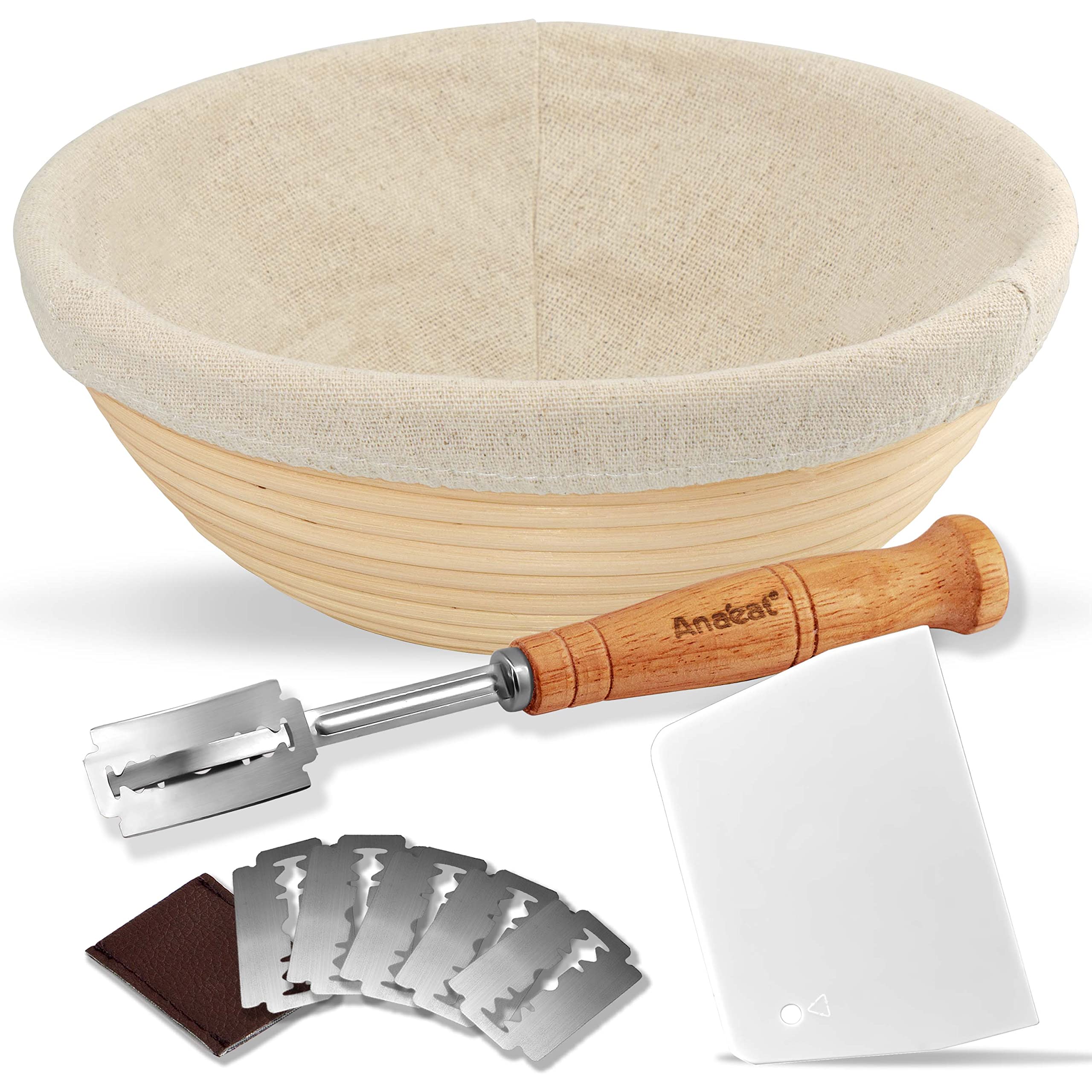Anaeat 25 cm Brot-Banneton-Gärkorb-Set – runder Sauerteig-Gärkorb aus 100% natürlichem Rattan mit Lahmbrot, Teigschaber und Leineneinlage für professionelle Bäcker und Heimbäcker