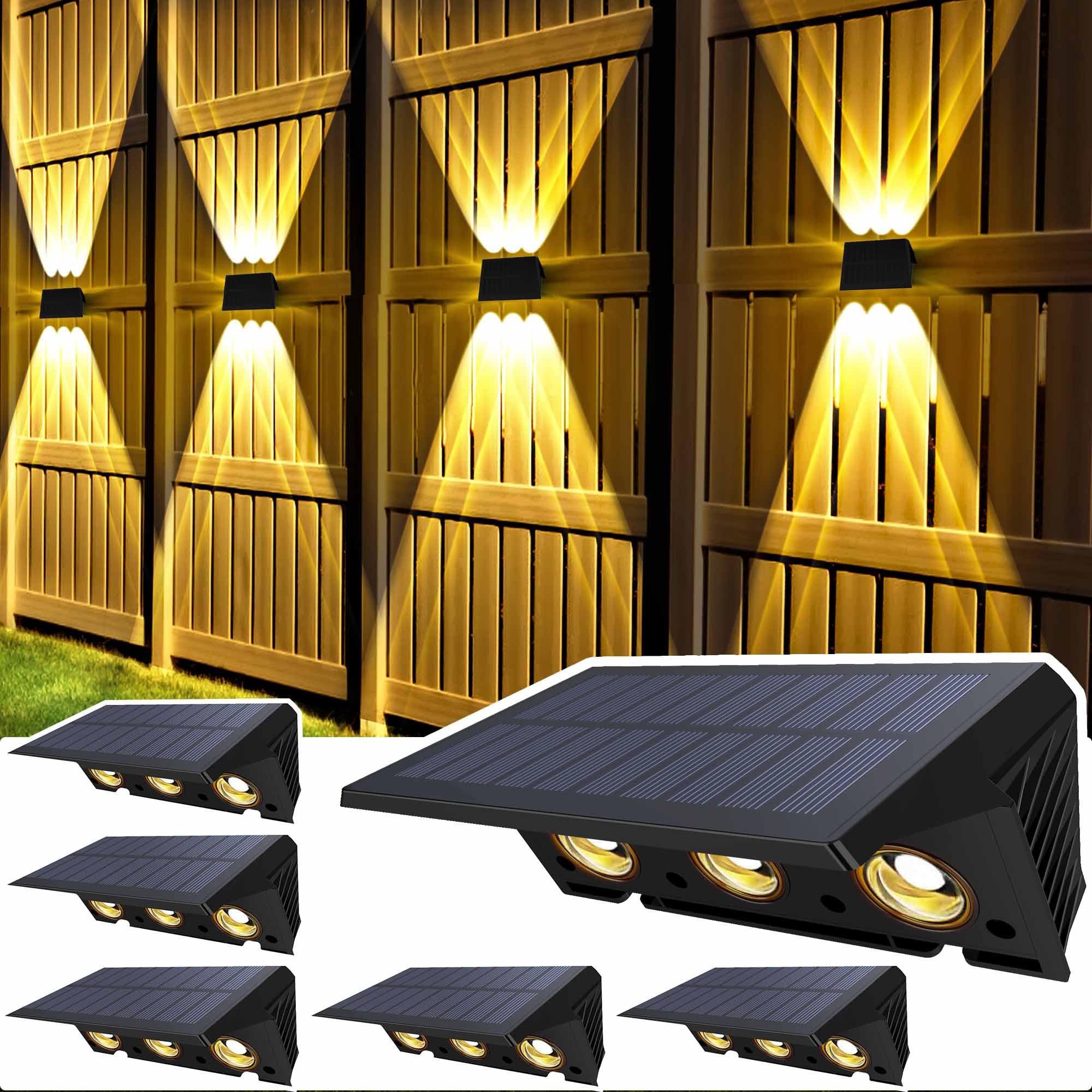 Photo 1 of Solar Fence Lights 6-Pack, IP67 Waterproof Solar Wall Lights | Up/Down with 6 Bulbs | Dusk to Dawn 12+ Hours Auto On/Off for Outdoor/Patio/Deck/Step/Backyard/House/Stair/Railings ( Warm White )