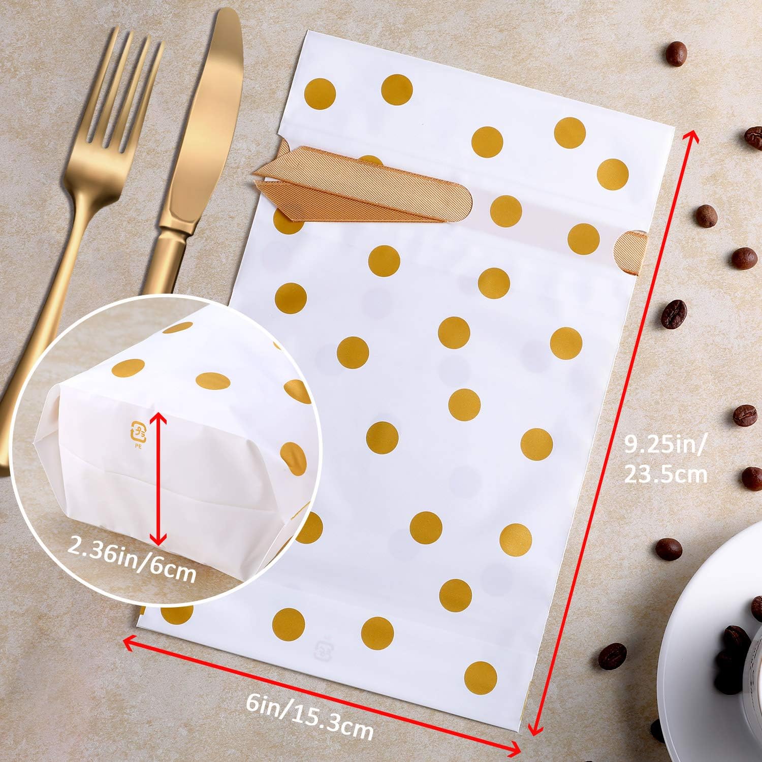 Frienda 30 Pack Gold Polka Dot Treat Bags with Drawstring Plastic Candy Bag Drawstring Cookie Sack for Christmas Wedding Party Birthday Engagement Holiday Favor - Image 4