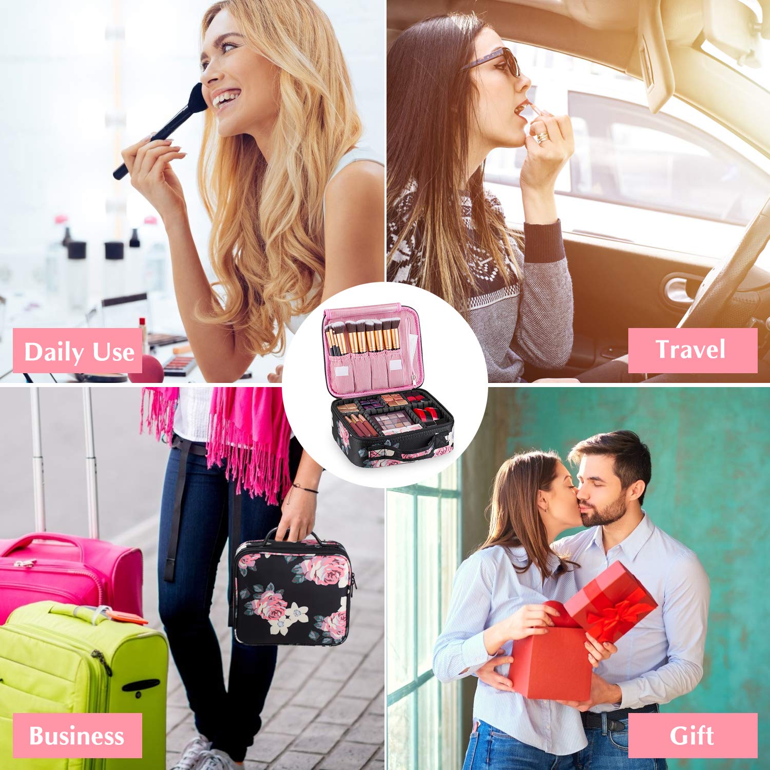 Kootek Travel Makeup Bag Portable Cosmetic Organizer Train Case with Adjustable Dividers for Cosmetics Makeup Brushes Toiletry Jewelry Digital Accessories : Beauty