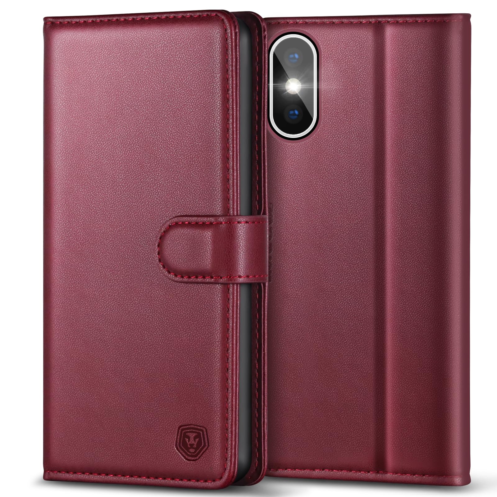 Kuafcase Compatible for iPhone X/XS Case with 4 Card Slots Magnetic Closure Kickstand Shockproof Protective Phone Case Compatible for iPhone X/XS - Wine Red — image 1
