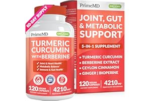 PRIMEMD 5-in-1 Organic Turmeric Curcumin Supplement (4210mg) with Berberine, Ceylon Cinnamon Bioperine and Ginger Supplements for Joint, Heart, Gut, & Metabolic Support (120 ct)