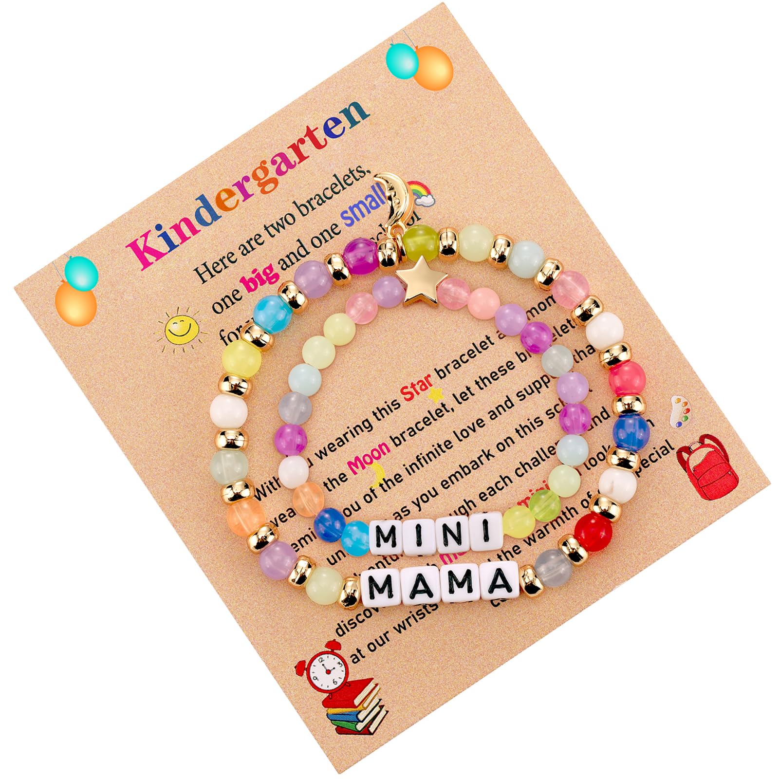 Back to School Bracelets Mommy and Me, First Day of Kindergarten Preschool Bracelet, Mama Mini Matching Bracelets Set for 2, Mom and Daughter Bracelets Jewelry Gifts for Teen Girls