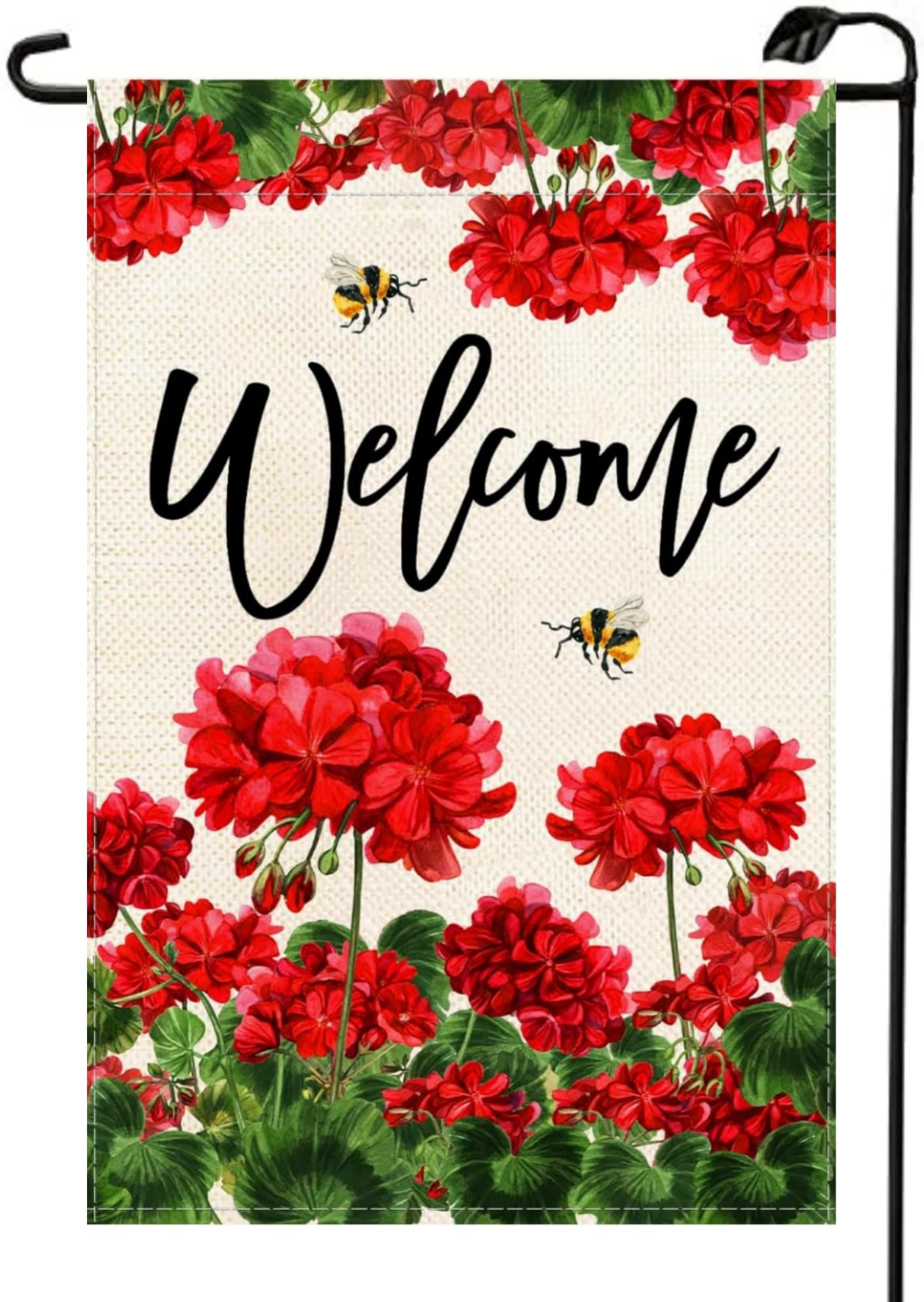 Photo 1 of Summer Red Floral Bee Welcome Garden Flag 12x18 Inch Double Sided Spring Geranium Small Burlap Outside Decorations For Yard XJ48
