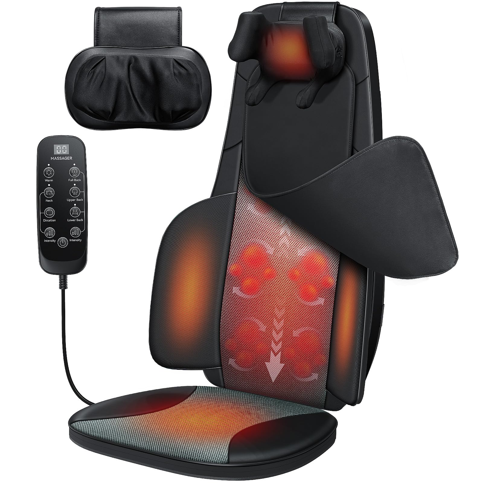 shiatsu neck and back massager for chair with heat, 2 interchangeable attachments full back massage 