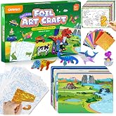 Fun Foil Art Craft Kit, 2 In 1 DIY Dinosaur,Space Creative Sticker Coloring | 2-in-1 foil and coloring set featuring 10 designs such as dinosaurs, space; no glue needed, for travel,home,class and gifts