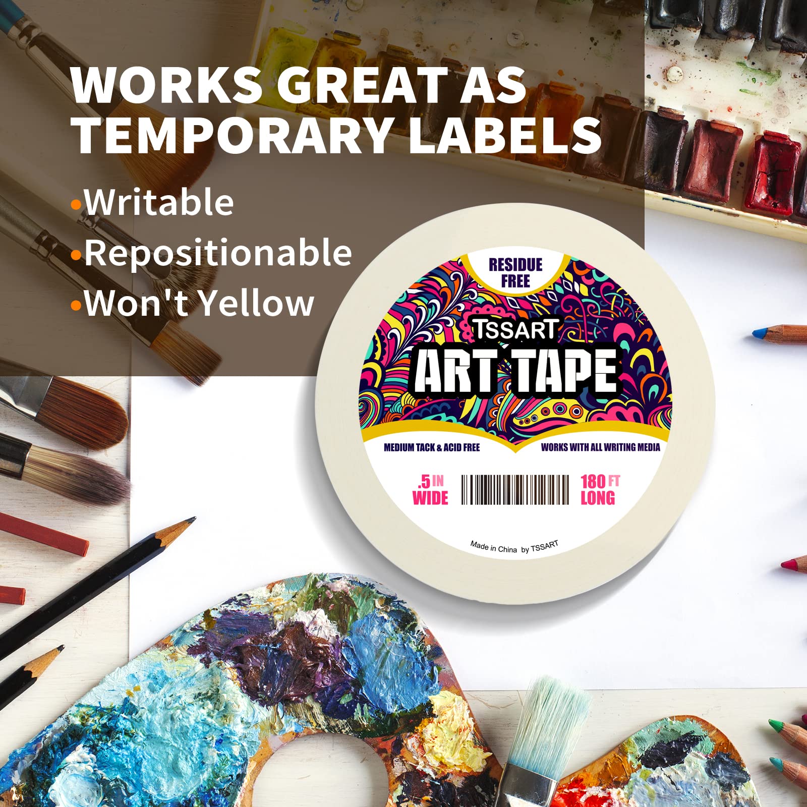 White Art Tape Medium Tack - Masking Artists Tape for Drafting Art Watercolor Painting Canvas Framing - Acid Free 1/2Inch/ 0.5inch Wide 180FT Long
