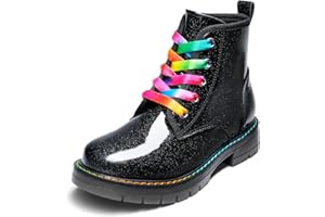 DREAM PAIRS Girls Boys Glitter Ankle Boots Side Zipper Combat Shoes with Lace Up for Toddler/Little Kid/Big Kid