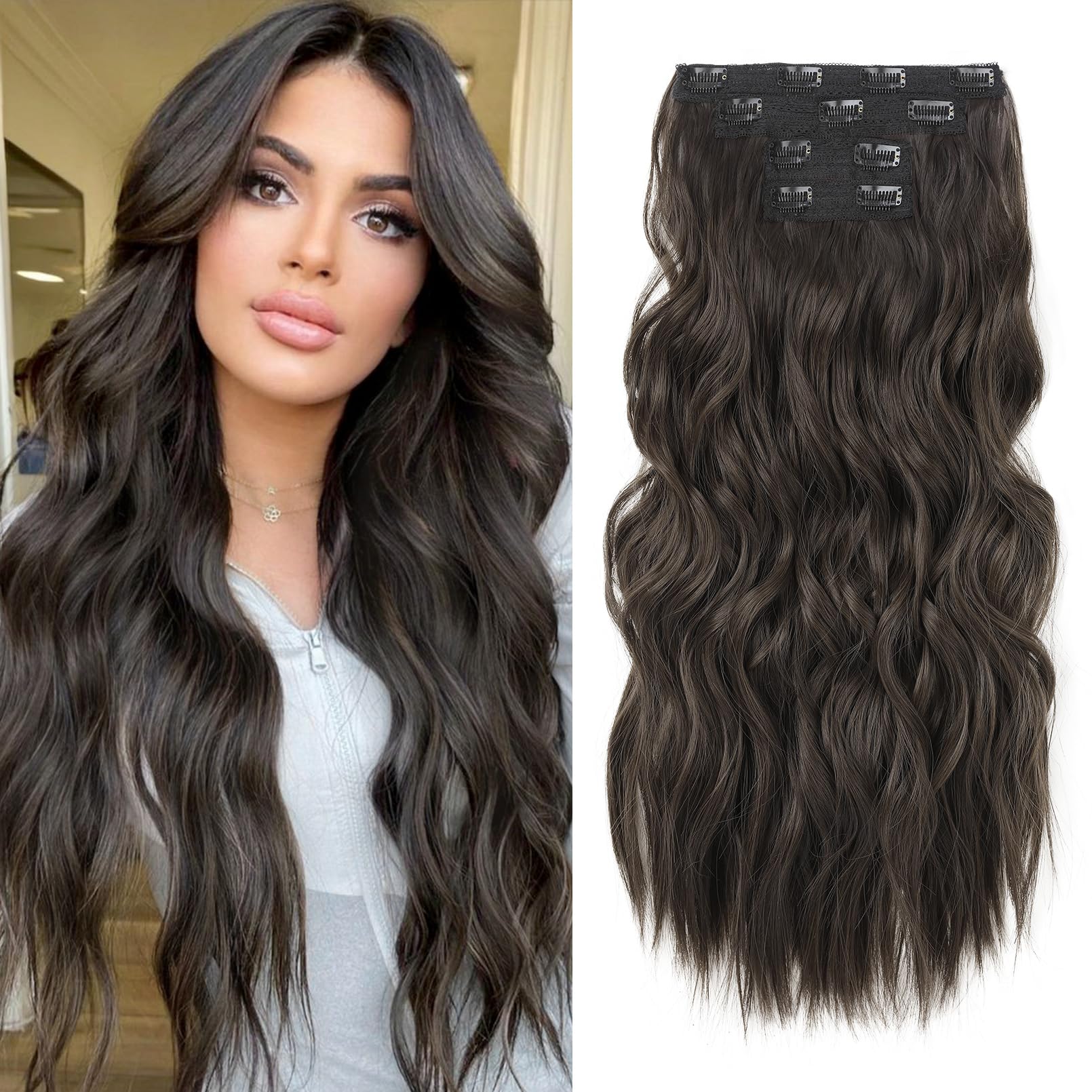 Photo 1 of REECHO Hair Extensions, 4PCS Clip in Hair Extensions 24" Thick Long Beach Waves Dark Brown hair extensions HE003 Invisible Lace Weft Natural Soft Synthetic Hairpieces for Women – Dark Brown