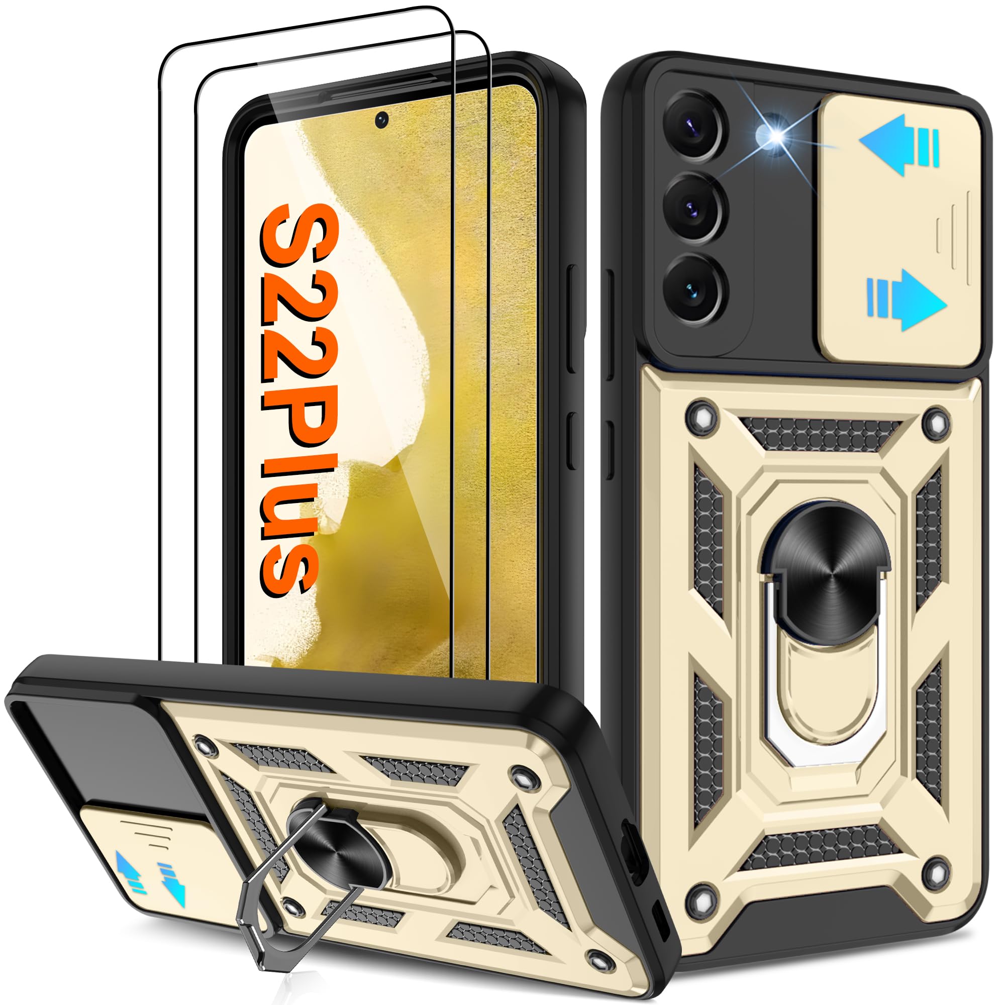 ATUMP for Galaxy-S22 Plus-Case with Camera Lens Cover+ (2 Pcs) HD Screen Protector, [Military Grade] Drop Tested 360° Rotation Metal Kickstand Protective Case for Samsung Galaxy S22+ Plus 5G, Gold