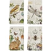 maiiooliwe 4 Pcs Vintage Garden Nature Kitchen Towels Dish Towels, Decorative Bird Bunny Dragonfly Bee Design, 27.5x20 Inch Farmhouse Absorbent Decoration Hand Towels (Garden)
