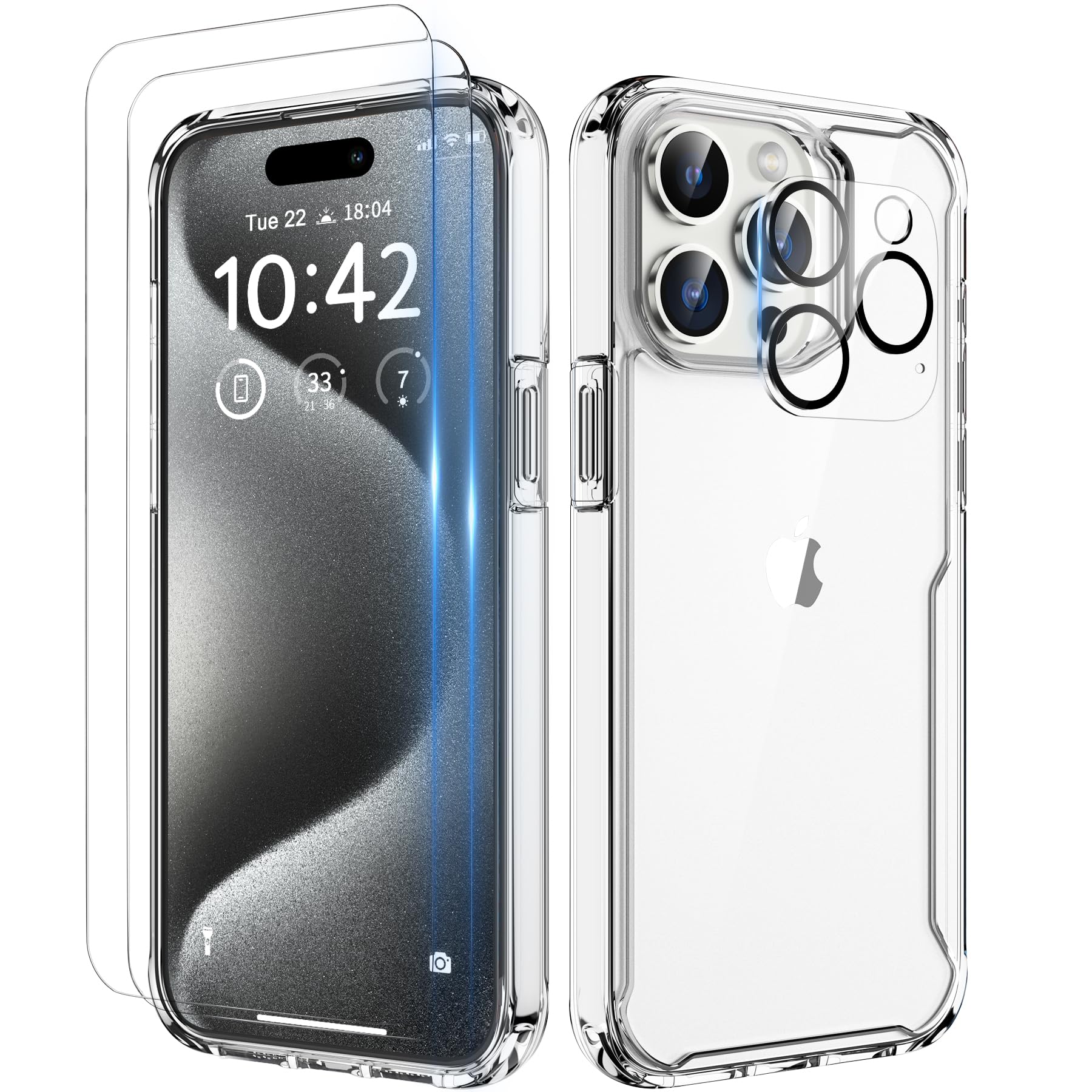 ORETECH Compatible with iPhone 15 Pro Max Case, with[ 2 x 9H Tempered Glass Screen Protector & Camera Lens Protector] Shockproof Ultra Slim Transparent Non-Slip Bumper TPU PC Hybrid Phone Case - Clear