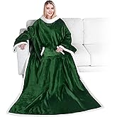 PAVILIA Sherpa Wearable Blanket with Sleeves and Pocket, Plush Thick Cozy Body Blanket Wrap for Adult Women Men, Christmas Gift for Wife Mom, Dark Green