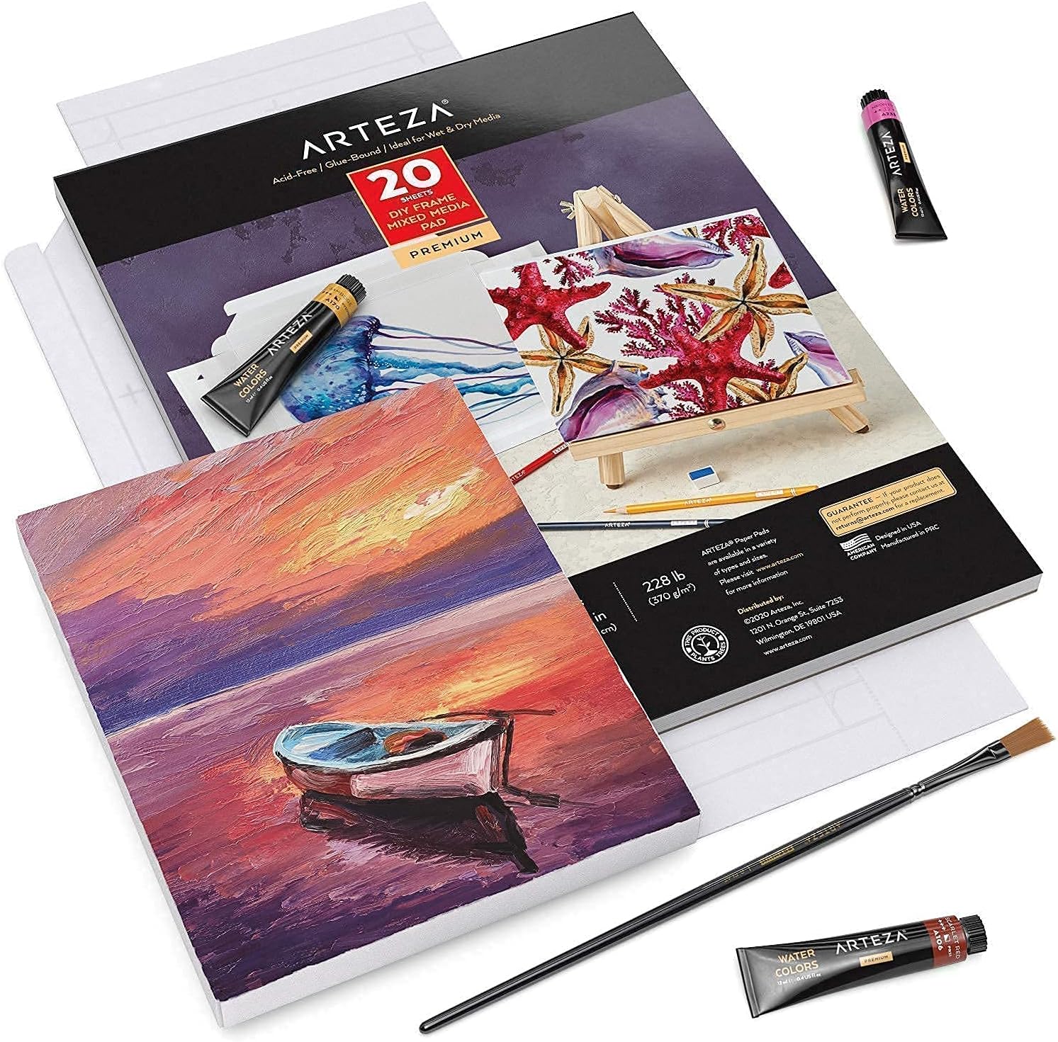 Arteza Mixed Media Paper Foldable Canvas Pad and Acrylic Paint 60 Bundle, Painting Art Supplies for Artist, Hobby Painters & Beginners