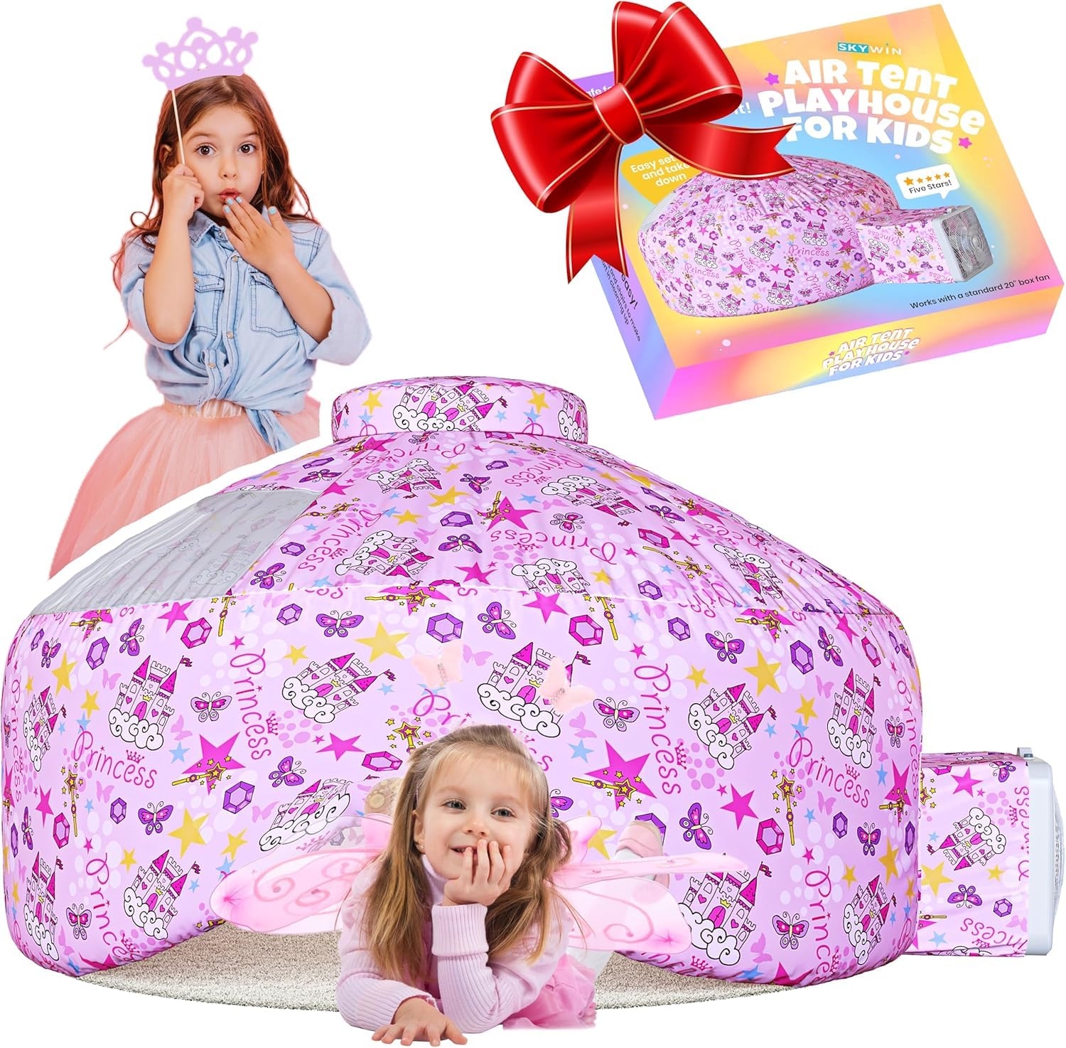 Photo 1 of Skywin Inflatable Air Tent for Kids (77” x 50”), Perfect for Social or Solo Imaginative Play, Blow Up Tent, Sets Up and Stores Away in Seconds, Toddler Playhouse (Fan NOT Included) (Pink Princess)