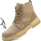MOFEELE Steel Toe Boots for Men or Women, Slip Resistant Work Boots Steel Toe Shoes Indestructible Tactical Mid Top Safety Shoes for Warehouse Industry Construction - Khaki