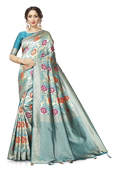 Divaastha Sky Blue Lichi Silk Floral Print Saree with Blouse Piece (APP0012ORAMA)